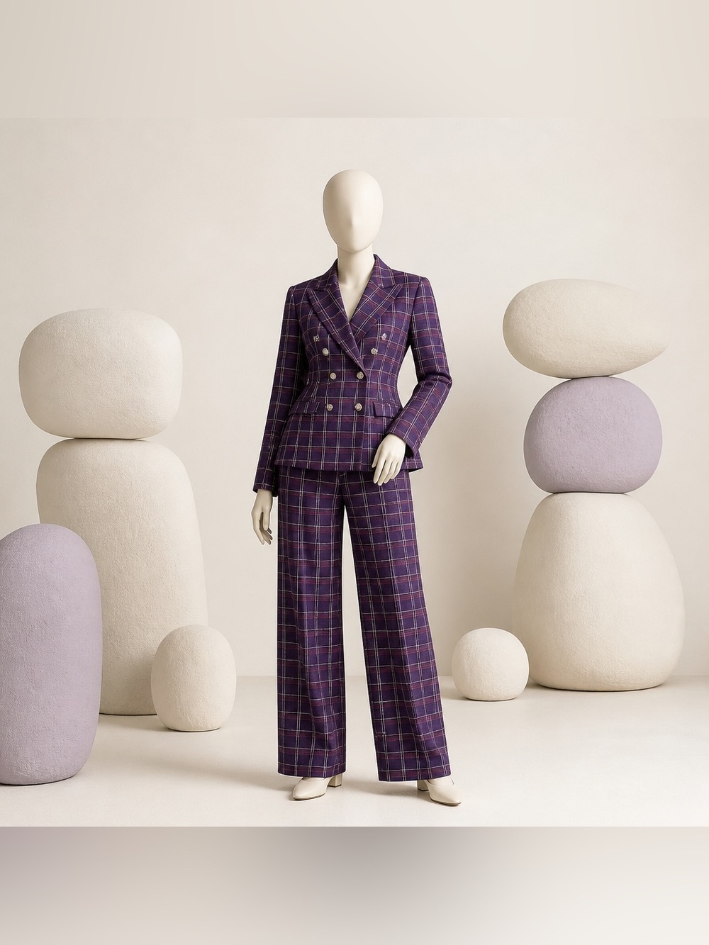 Women’s Outfit Set Purple Plaid Double-Breasted Blazer & Wide Leg Pant Size XL